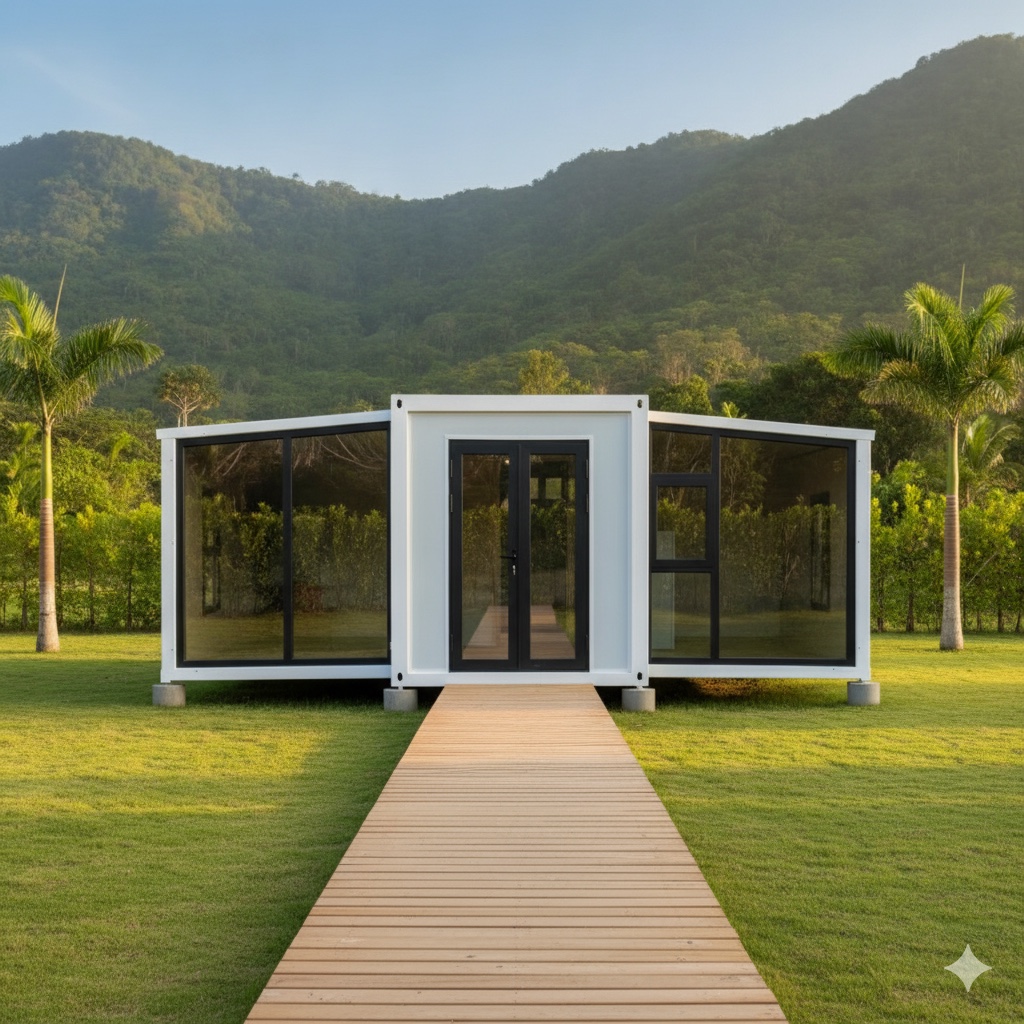 Maison modulaire vitrée Kaza Concept avec son allée en bois