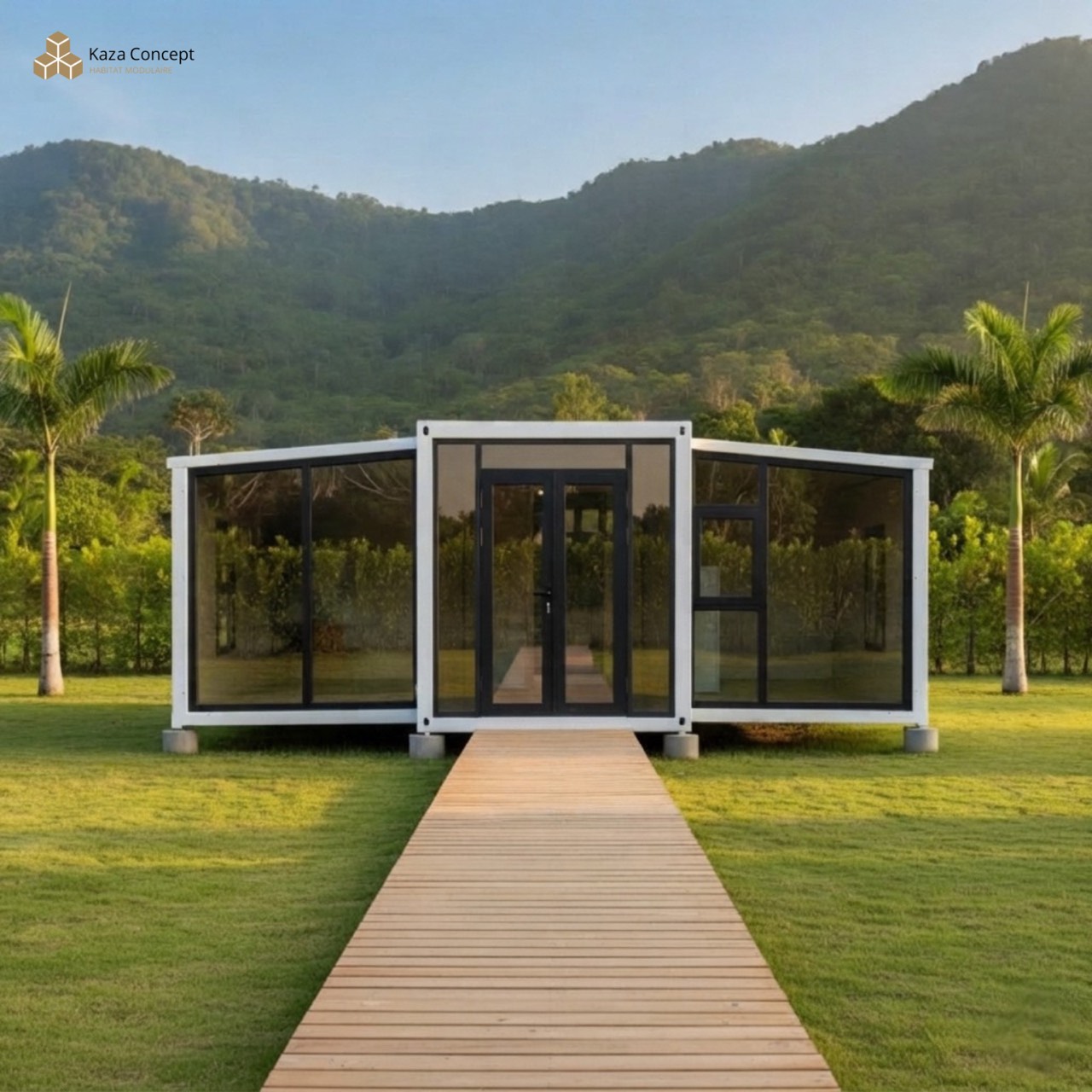 Maison modulaire vitrée Kaza Concept avec son allée en bois