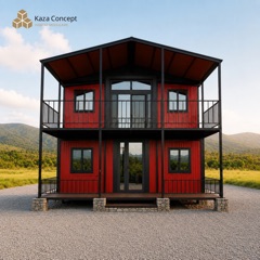 KAZ Duplex vu de face : façade rouge, balcon à l'étage et grande porte vitrée