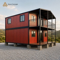 KAZ Duplex vu de trois quarts, avec sa terrasse en bois et son balcon couvert