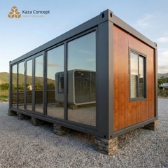 KAZ Office vu de trois quarts : longue baie vitrée et pignon en bois