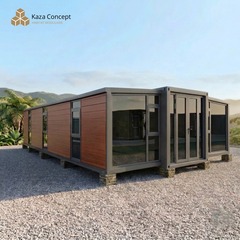 KAZ Pavillon vu de trois quarts : bardage bois, grandes baies vitrées et structure noire