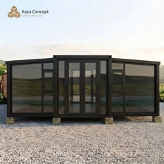 KAZ Pavillon vu de face : façade entièrement vitrée et double porte centrale