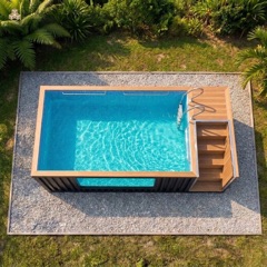 Piscine container vue du dessus : bassin, margelle bois et escalier latéral