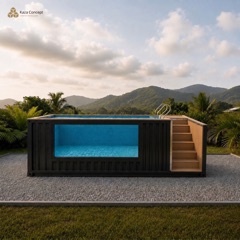 Piscine container posée sur son lit de gravier : bardage noir, baie vitrée et escalier en bois, collines en arrière-plan