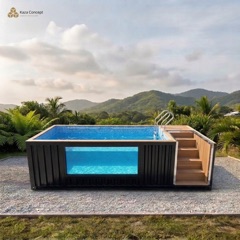 Piscine container vue de trois quarts, bardage noir et grande baie vitrée, montagnes en arrière-plan