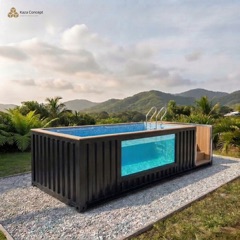 Piscine container vue de côté : baie vitrée panoramique et margelle en bois